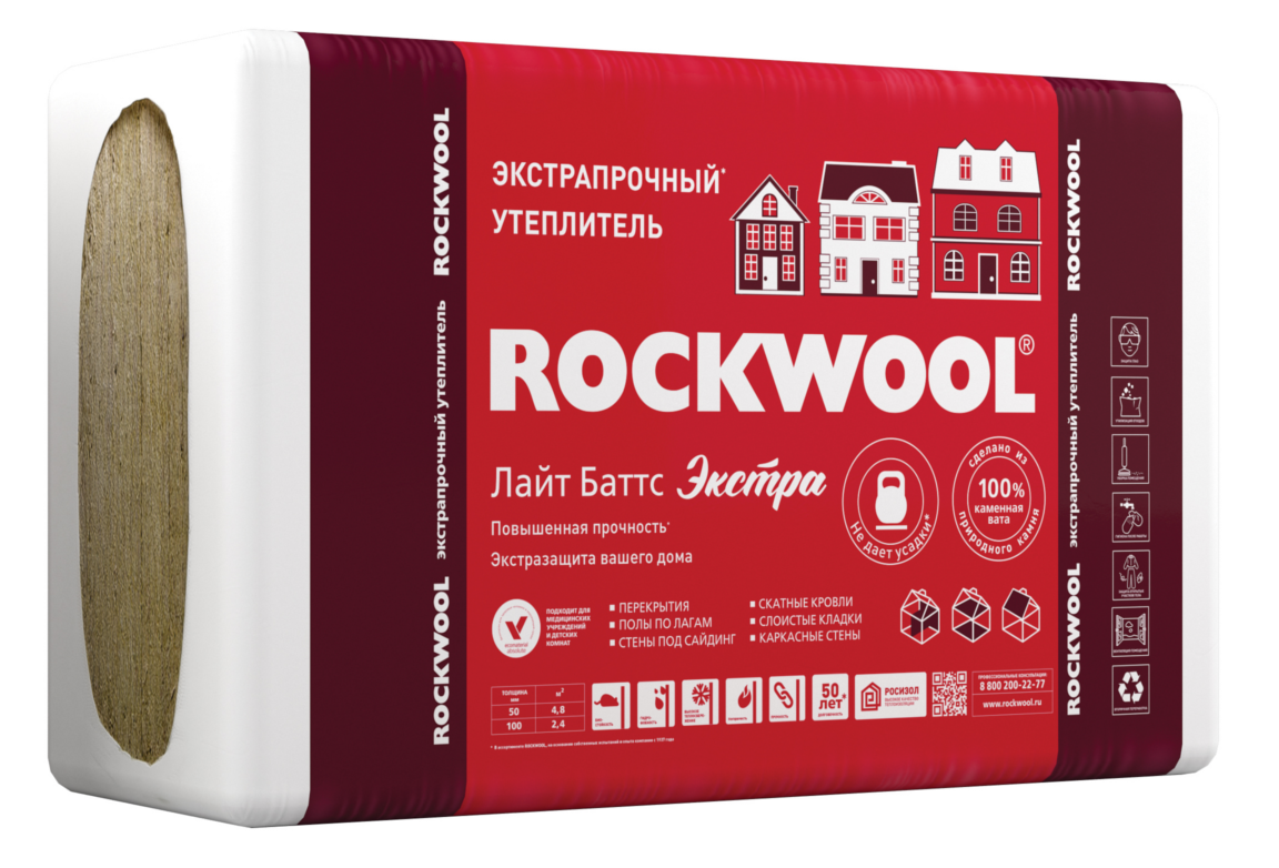 Утеплитель ROCKWOOL Лайт Баттс Экстра 1000х600х100 мм 4 шт в упаковке, 45 кг/м3