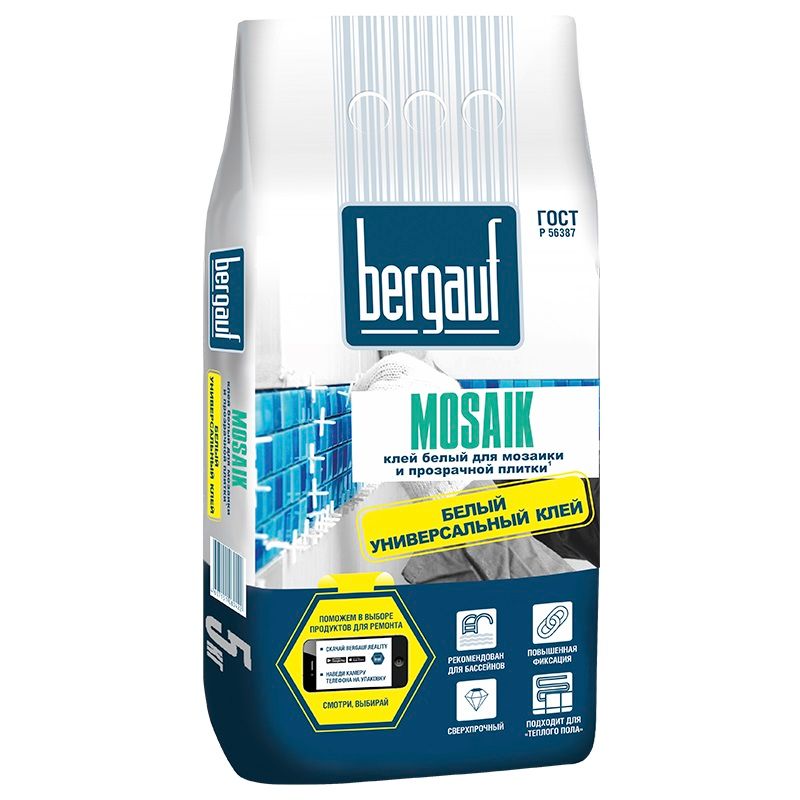 Клей для плитки (С2 Т Е) Bergauf Mosaik белый, 5 кг