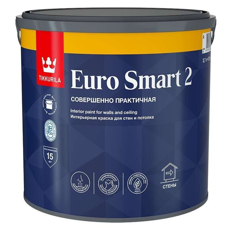 Интерьерная водно-дисперсионная глубокоматовая краска Tikkurila Euro Smart 2 9л.