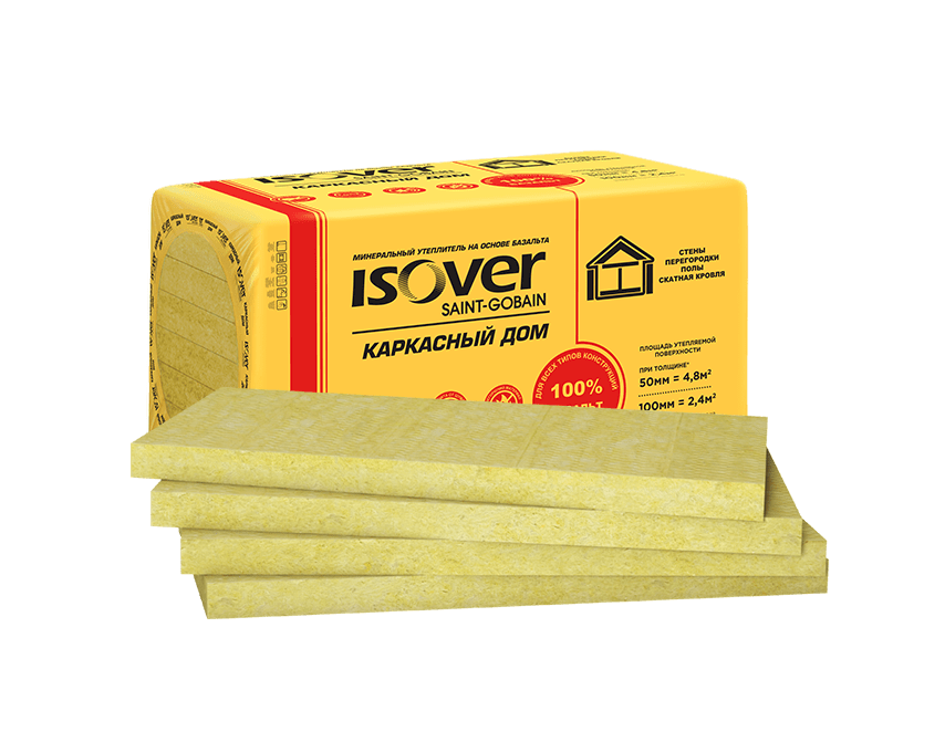 Утеплитель в плитах Isover Изовер Каркасный Дом, 2,4 м2/100 мм, 600х1000мм